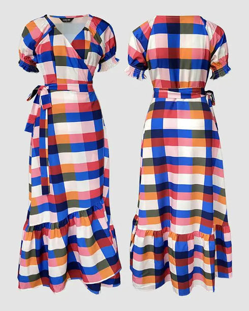 Colorful Plaid Print Overlap V-Neck Puff Sleeve Wrap Lace-Up Vacation Dress Casual Bow Tie Waist Ruffle Hem Maxi Dress Multicolor