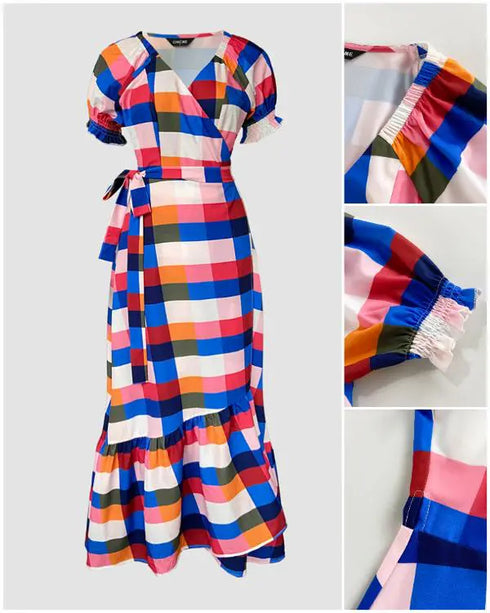 Colorful Plaid Print Overlap V-Neck Puff Sleeve Wrap Lace-Up Vacation Dress Casual Bow Tie Waist Ruffle Hem Maxi Dress Multicolor