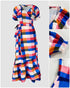 Colorful Plaid Print Overlap V-Neck Puff Sleeve Wrap Lace-Up Vacation Dress Casual Bow Tie Waist Ruffle Hem Maxi Dress Multicolor