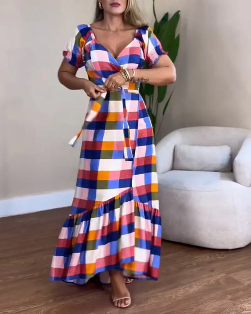 Colorful Plaid Print Overlap V-Neck Puff Sleeve Wrap Lace-Up Vacation Dress Casual Bow Tie Waist Ruffle Hem Maxi Dress Multicolor