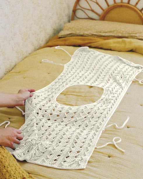 Round Neck Sleeveless Hollow-out Crochet Sweater Casual Tie Side Breathable Crop Top beige