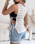 Round Neck Sleeveless Hollow-out Crochet Sweater Casual Tie Side Breathable Crop Top beige