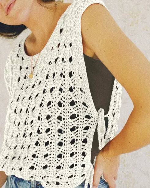 Round Neck Sleeveless Hollow-out Crochet Sweater Casual Tie Side Breathable Crop Top beige