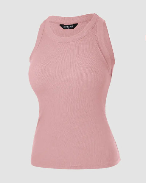 O-Neck Sleeveless Basic Slim Fit Skinny Tank Casual Top(Without Pads) pink