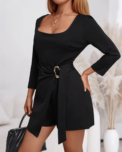 Square Neck Long Sleeve Ruched Slit Romper Casual Cinched Waist Zipper Back Faux Two-Piece Skort Romper black