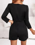 Square Neck Long Sleeve Ruched Slit Romper Casual Cinched Waist Zipper Back Faux Two-Piece Skort Romper black