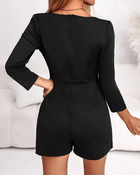 Round Neck Puff Sleeve Love Diamonds Hollow-out Faux Two-Piece Romper black