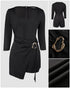 Square Neck Long Sleeve Ruched Slit Romper Casual Cinched Waist Zipper Back Faux Two-Piece Skort Romper black