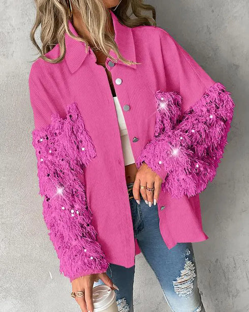 Sequin Decor Turn-down Collar Button Front Pockets Design Denim Coat Casual Fuzzy Spliced Raw Trim Shacket hot pink