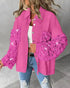 Casual Jacket Sequin Patchwork Long Sleeve Jacket Top Button Front Raw Hem Oversized Denim Shacket hot pink