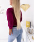 Lace-Up V-Neck Long Sleeve Ribbed Knit Shirt Casual Slim Fit Top Dark Red