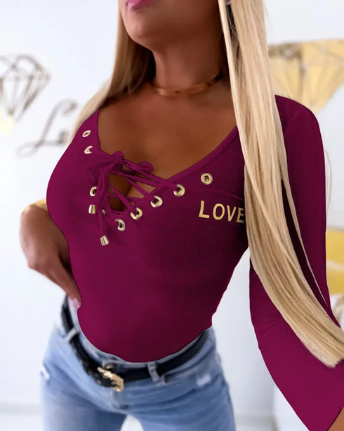 Lace-Up V-Neck Long Sleeve Ribbed Knit Shirt Casual Slim Fit Top Dark Red