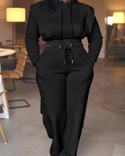 2 Pieces Outfit Rhinestone Graphic & Letter Pattern 3D Design Crop Drawstring Hoodie Sweatshirt and Casual Drawstring Elastic Waist Wide Leg Sweatpants Set black