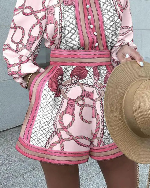 Chain Print Stand Collar Lantern Sleeve Button Front Top and Casual Elastic Waist Shorts Set pink