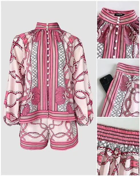 Chain Print Stand Collar Lantern Sleeve Button Front Top and Casual Elastic Waist Shorts Set pink