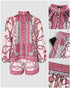 Chain Print Stand Collar Lantern Sleeve Button Front Top and Casual Elastic Waist Shorts Set pink