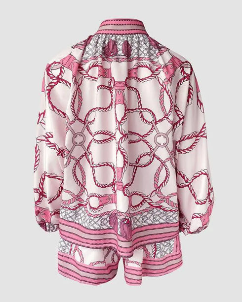 Chain Print Stand Collar Lantern Sleeve Button Front Top and Casual Elastic Waist Shorts Set pink