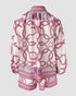 Chain Print Stand Collar Lantern Sleeve Button Front Top and Casual Elastic Waist Shorts Set pink