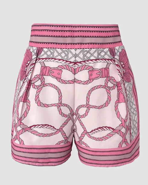 Chain Print Stand Collar Lantern Sleeve Button Front Top and Casual Elastic Waist Shorts Set pink