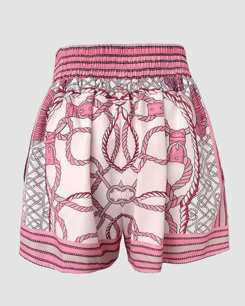 Chain Print Stand Collar Lantern Sleeve Button Front Top and Casual Elastic Waist Shorts Set pink