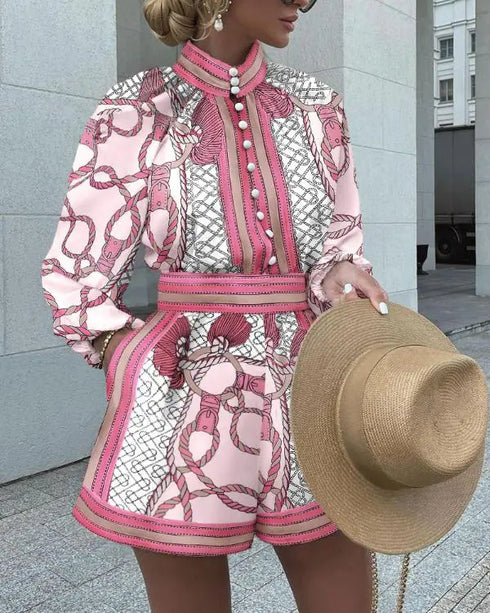 Chain Print Stand Collar Lantern Sleeve Button Front Top and Casual Elastic Waist Shorts Set pink