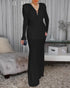 Cowl Neck Ruched Zipper Back Slim Fit Maxi Dress Casual Padded Shoulders Backless Evening Dress black