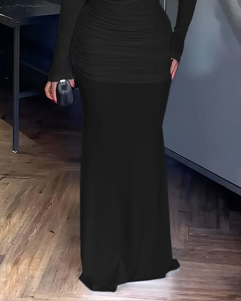 Cowl Neck Ruched Zipper Back Slim Fit Maxi Dress Casual Padded Shoulders Backless Evening Dress black