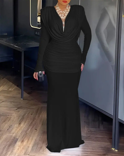 Cowl Neck Ruched Zipper Back Slim Fit Maxi Dress Casual Padded Shoulders Backless Evening Dress black