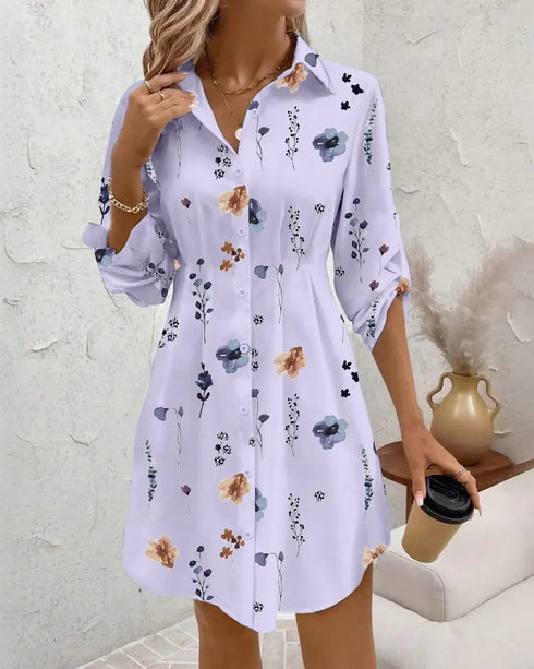 Floral Print Turn-down Collar Long Sleeve Casual Pressed Pleats Shirt Dress light purple