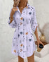 Floral Print Turn-down Collar Long Sleeve Casual Pressed Pleats Shirt Dress light purple