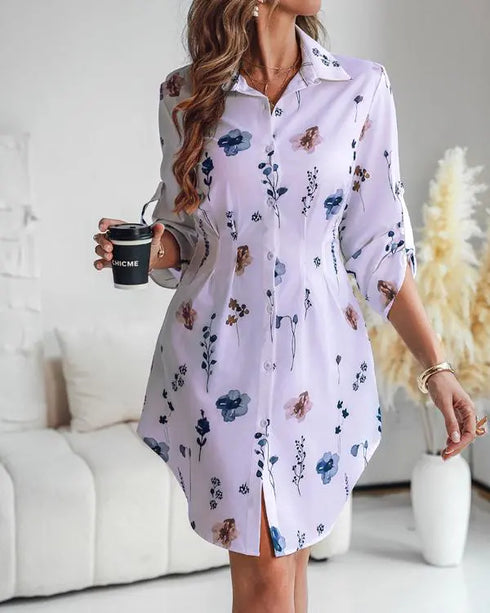 Floral Print Turn-down Collar Long Sleeve Casual Pressed Pleats Shirt Dress light purple
