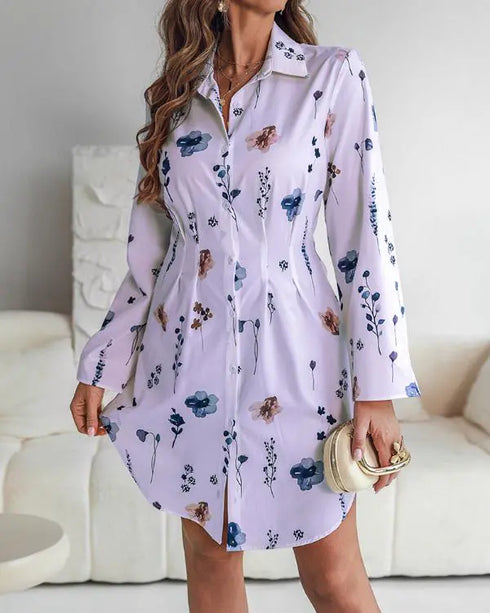Butterfly Print Turn-down Collar Long Sleeve Casual Shirred Shirt Dress light purple