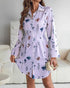Abstract Print Turn-down Collar Turn-Up Sleeves Shirred Back Dress Casual Button Down Cinched Waist Curved Hem Shirt Dress light purple