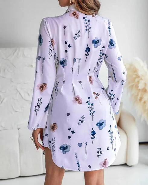 Floral Print Turn-down Collar Long Sleeve Casual Pressed Pleats Shirt Dress light purple