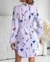Butterfly Print Turn-down Collar Long Sleeve Casual Shirred Shirt Dress light purple