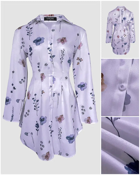 Abstract Print Turn-down Collar Turn-Up Sleeves Shirred Back Dress Casual Button Down Cinched Waist Curved Hem Shirt Dress light purple