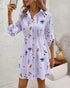 Butterfly Print Turn-down Collar Long Sleeve Casual Shirred Shirt Dress light purple