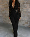 Crochet Lace Trim Deep V-Neck Floral Lace Spliced Ovearalls Casual Zipper Back Seam Front Jumpsuit with Belt black