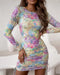 All Over Colorful Floral Print Drawstring Ruched Side Dress Slim Fit Long Sleeve Zipper Back Vacation Dress Multicolor
