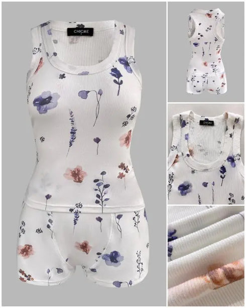 2 Pieces Outfit Graphic Print U-Neck Tank Top and Elastic Waist Shorts Set Casual Ribbed Pajamas Set white