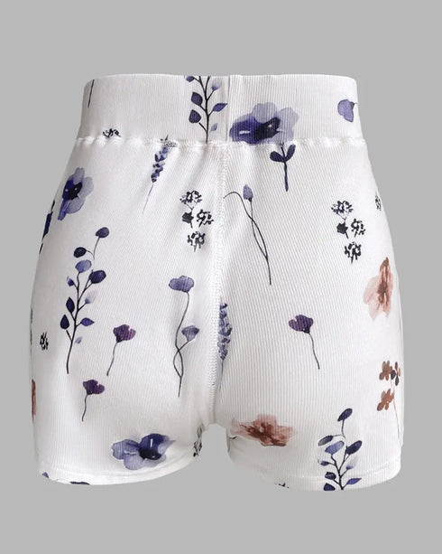 2 Pieces Outfit Bowknot Decor Notch Neck Adjustable Straps Ruffles Camisole Top and Elastic Waist Shorts Set Casual Ditsy Floral Print Frill Trim Jacquard Textured Pajamas Set white