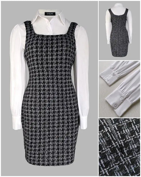 2 Pieces Outfit Turn-down Collar Button Front Asymmetrical Hem Shirt and Square Neck Thick Strap Zipper Back Slim Fit Tweed Dress black