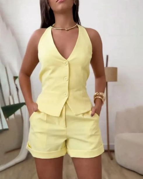 2 Pieces Outfit V-Neck Button Front Bow Tie Back Sleeveless Backless Top and Casual Elastic Back Waist Zipper Fly Shorts Set yellow