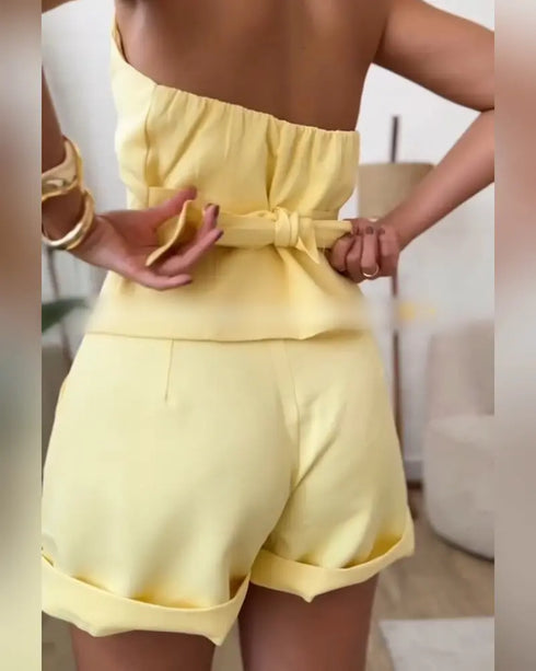2 Pieces Outfit V-Neck Button Front Bow Tie Back Sleeveless Backless Top and Casual Elastic Back Waist Zipper Fly Shorts Set yellow