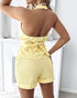 2 Pieces Outfit V-Neck Button Front Bow Tie Back Sleeveless Backless Top and Casual Elastic Back Waist Zipper Fly Shorts Set yellow
