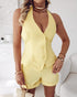 2 Pieces Outfit V-Neck Button Front Bow Tie Back Sleeveless Backless Top and Casual Elastic Back Waist Zipper Fly Shorts Set yellow