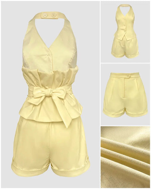 2 Pieces Outfit V-Neck Button Front Bow Tie Back Sleeveless Backless Top and Casual Elastic Back Waist Zipper Fly Shorts Set yellow
