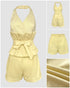 2 Pieces Outfit V-Neck Button Front Bow Tie Back Sleeveless Backless Top and Casual Elastic Back Waist Zipper Fly Shorts Set yellow