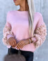 Contrast Sequin Fluffy Detail Long Sleeve Knit Sweater Casual Pullover Top pink