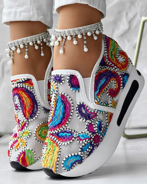 Floral Pattern Embroidery Mesh Sneakers multicoloured&white